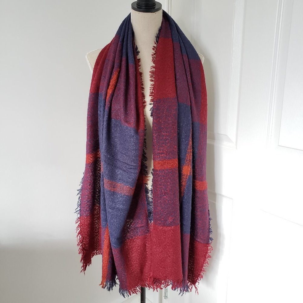 Red and blue frayed plaid blanket scarf